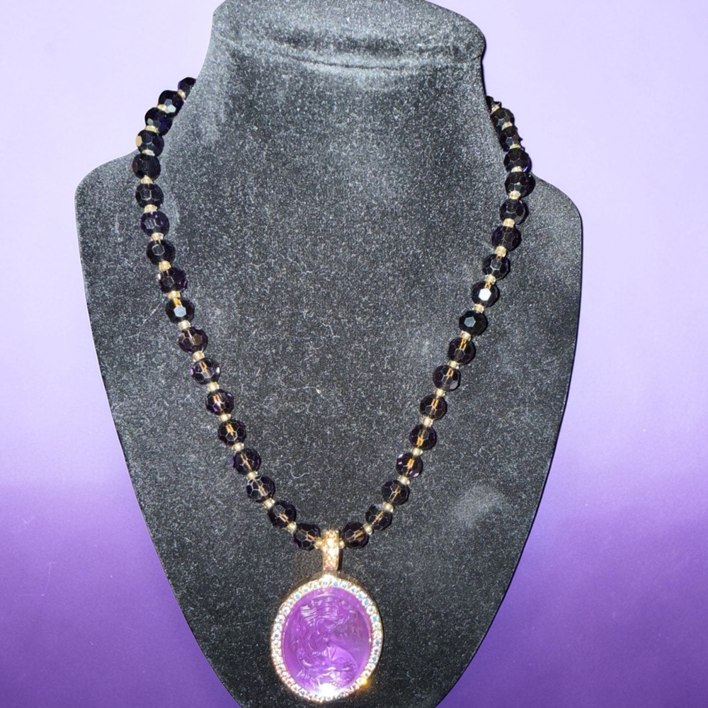 Kirk's Folly Purple Mermaid Cameo Necklace Gold Tone w/ Aurora Borealis Crystals - Picture 2 of 8